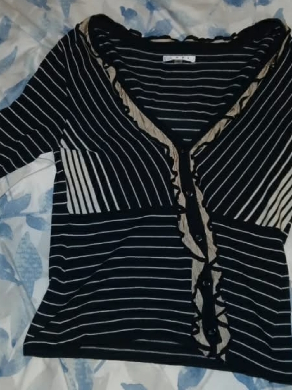 CAbi Black and Cream Striped Button-Front Women's Top